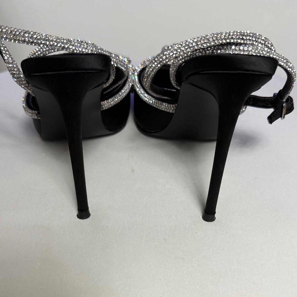Steve Madden Black Satin Pointed Toe Crystal Bow Heels with Rhinestone Straps - Picture 6 of 9